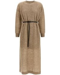 Brunello Cucinelli - Robe Mi-Longue En Résille À Taille Ceinturée - Lyst