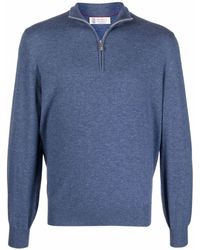 Brunello Cucinelli Sweater Met Contrasterende Kraag in het Blauw voor heren Heren Kleding voor voor Truien en gebreide kleding voor Truien met rits 