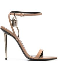 Tom Ford - Rum-Colored Shiny Leather Padlock Sandals With Golden Metal Padlock And Spike Heel - Lyst