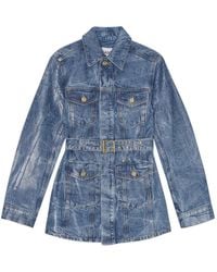 Ganni - Belted Long-Sleeve Denim Jacket - Lyst