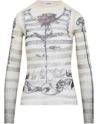 Jean Paul Gaultier - Printed Stretch Tulle Top With Crew Neck - Lyst