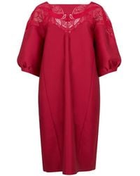 Alberta Ferretti - Lace-Trim Puff-Sleeve Midi Dress - Lyst