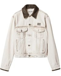 Miu Miu - Bleached Leather-Collar Denim Jacket - Lyst