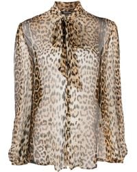 Roberto Cavalli - Leopard-Print Sheer Pussybow Blouse - Lyst