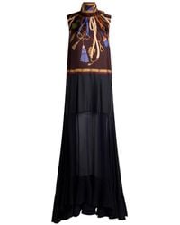 Etro - Long Silk Dress With See-Through Skirt And Placed Print - Lyst