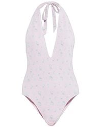 LoveShackFancy - Badpak Met Gestrikte Hals En Bloemenprint - Lyst