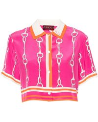 Gucci - Horsebit-Print Silk Cropped Shirt - Lyst