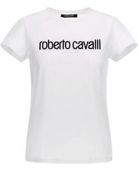 Roberto Cavalli - Weißes T-Shirt Mit Schwarzem Logo - Lyst