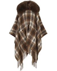 Moncler - Check-Pattern Shearling-Collar Cape - Lyst
