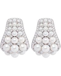 David Morris - 18kt White Gold Pearl Rose Deco Diamond And Pearl Hoops Earrings - Lyst