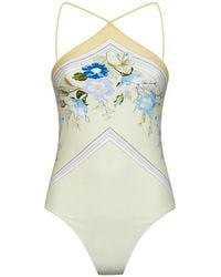 Self-Portrait - Floral-Print Halterneck Swimsuit - Lyst