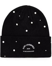 KARL LAGERFELD - Pearl-Embellished Logo-Embroidered Beanie Hat - Lyst