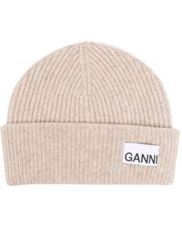 Ganni - Logo-Patch Ribbed-Knit Beanie - Lyst