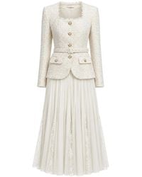 Self-Portrait - Cream Tailored Boucle And Chiffon Midi Dress - Lyst