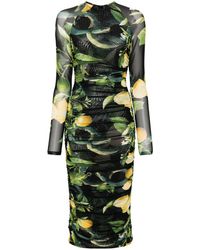 Roberto Cavalli - Midi-jurk Met Print En Ruches - Lyst