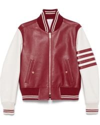 Thom Browne - Blouson Aviateur Bourgogne Et Blanc Cassé En Cuir À Quatre Rayures - Lyst