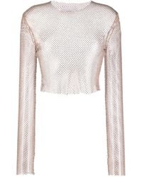 Genny - Rhinestone Mesh Cropped Blouse - Lyst