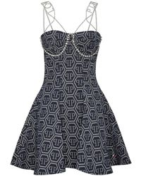 Philipp Plein - Monogram-Jacquard Denim Mini Dress - Lyst