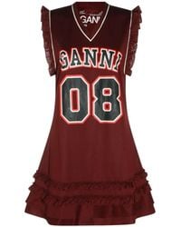 Ganni - Ruffle-Trim Logo-Print Mini Dress - Lyst