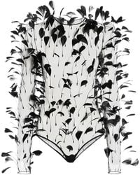 Genny - Feather-Embellished Sheer Bodysuit - Lyst