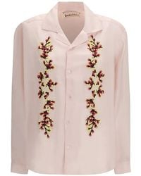 BAZISZT - Tinees Katoenen Shirt Met Geborduurde Bloemen En Campkraag - Lyst