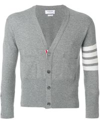 Thom Browne - Short V-neck Cardigan With 4-bar Stripe In Light Grey Cashmere - Lyst