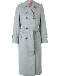 Thom Browne Pearl Trim Flannel Trench Coat - Grey
