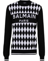 Balmain - Schwarzer Wollpullover Mit Diamantmuster - Lyst