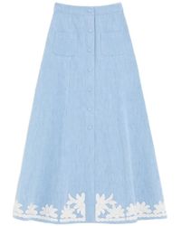 Valentino Garavani - Embroidered Denim Midi Skirt - Lyst