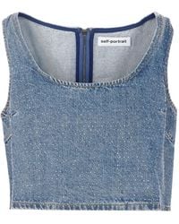 Self-Portrait - Denim Cropped Top Met Diepe Ronde Hals - Lyst