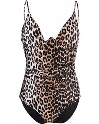 Ganni - Leopard-print Ruched Swimsuit - Lyst