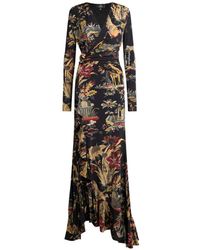 Etro - Long Jersey Wrap Dress With Flower And Animal Motif - Lyst