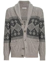 Brunello Cucinelli - Cardigan En Maille Torsadée Chinée De Laine Vierge, Soie Et Cachemire À Motif Intarsia - Lyst