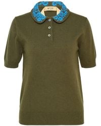 N°21 - Floral-Embroidered Collar Polo Shirt - Lyst