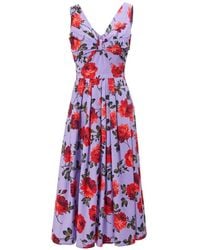 Carolina Herrera - Rose-Print V-Neck Midi Dress - Lyst