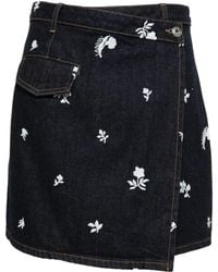 Lanvin - Embroidered Denim Mini Skirt - Lyst