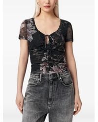 AllSaints - Floral-Print Slim Fit Ruched T-Shirt - Lyst
