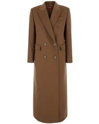 Max Mara - Msteffige Camel Pure Wool Drap Long Double-Breasted Coat With Peak Lapel - Lyst