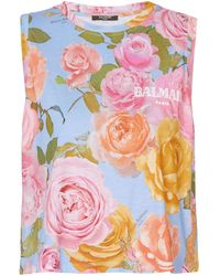 Balmain - Roses-print Cotton Tank Top - Lyst