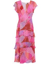RIXO London - Midi-Jurk Met Patchwork En Ruches - Lyst