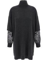 Brunello Cucinelli - Sequin Sleeve Dress Abiti Grigio-Donna - Lyst