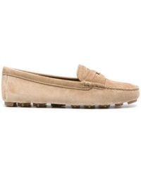 Miu Miu - Neutral Logo-embossed Suede Penny Loafers - Lyst