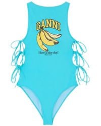 Ganni - Banana-Print Lace-Up Swimsuit - Lyst