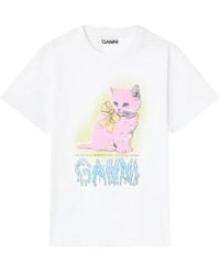Ganni - Neon Kitty Organic Cotton T-Shirt - Lyst