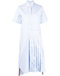 Thom Browne - Robe-chemise plissée en coton à rayures - Lyst