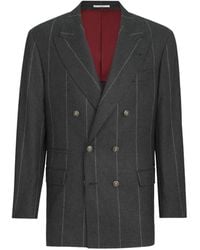 Brunello Cucinelli - Wool, Silk And Cashmere Chalk Stripe Flannel One-And-A-Half Breasted Tailor Blazer With Metal Buttons - Lyst