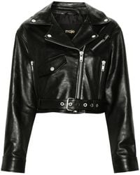 Maje - Belted Cropped Leather Jacket - Lyst