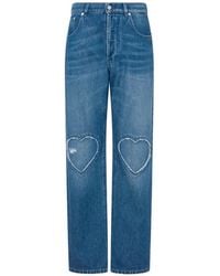 Moschino - Straight-Leg Denim Trousers With Frayed Heart Patches - Lyst