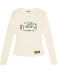 Ganni - T-Shirt A Maniche Lunghe Semitrasparente Con Logo - Lyst
