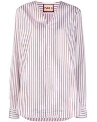 Plan C - Striped V-neck Long-sleeve Shirt - Lyst